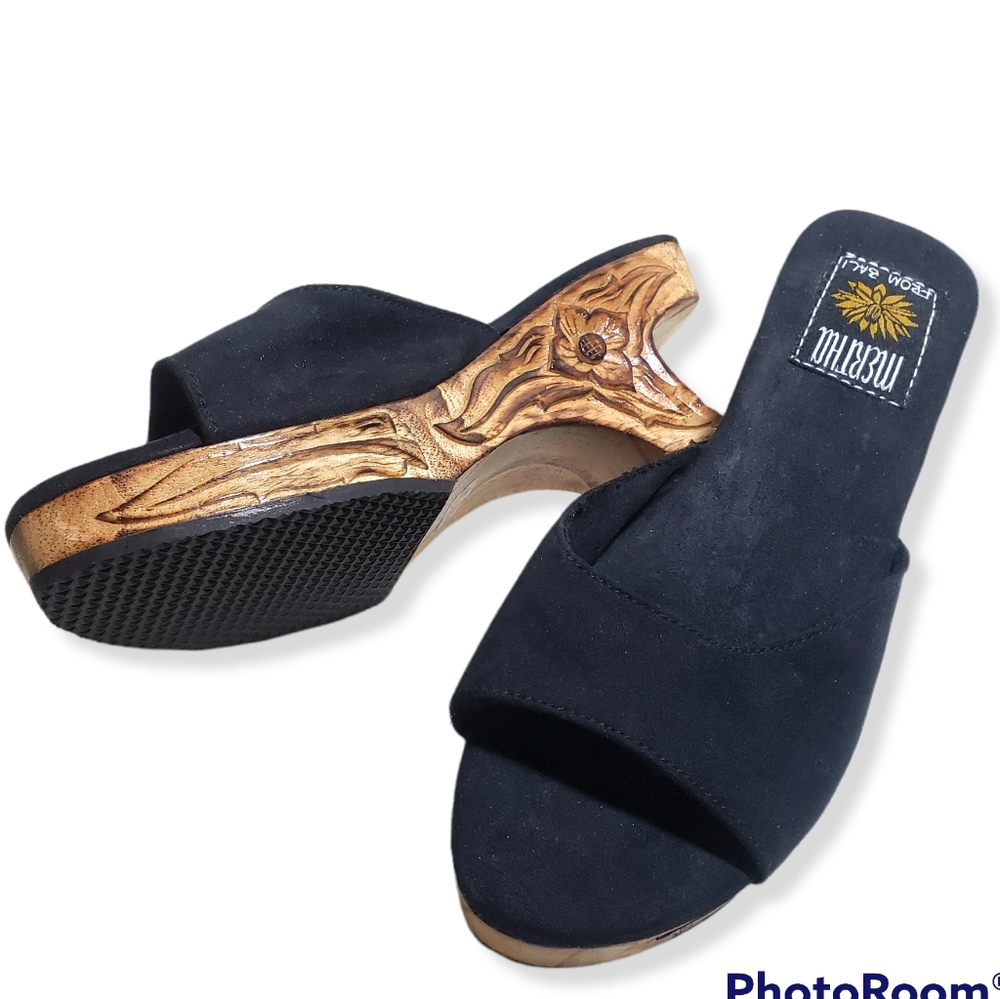 Bali sandal mule clog slide wooden carved decorative heels Mertha Brand